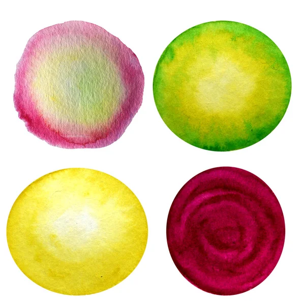 Watercolor hand painted abstract Yellow green pink circle background set. Subtle ink gradient on textured paper. Creative aquarelle painted spring summer colors canvas for design, invitation, vintage — 스톡 사진