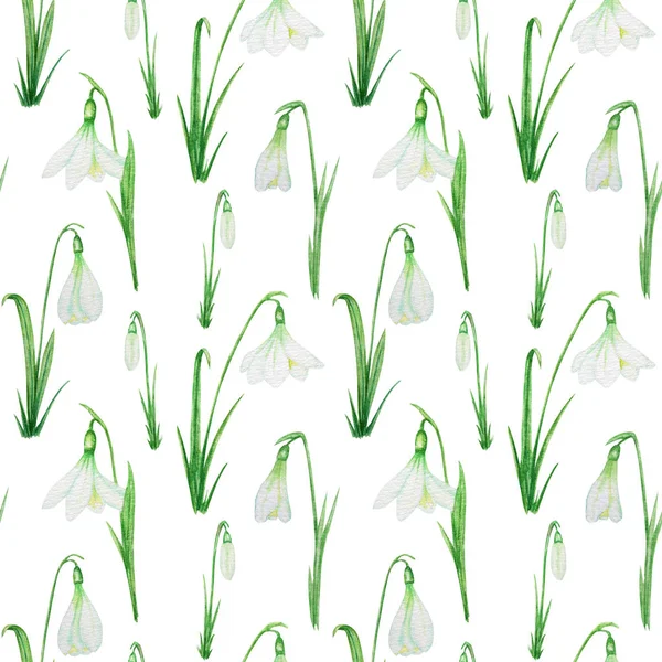 Sömlöst mönster med snöfall våren påsk blommor med gröna blad. Delikata snödroppar. Tyg konsistens Handmålade Akvarell illustration på whhite bakgrund. Spring simbols-konceptet — Stockfoto