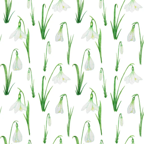 Patrón sin costuras con flores de Pascua de primavera de la gota de nieve con hojas verdes. Delicadas gotas de nieve. Textura de tela Ilustración de acuarela pintada a mano sobre fondo blanco. Concepto de símbolos de primavera — Foto de Stock