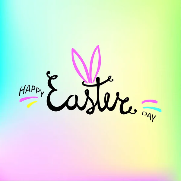 Feliz Pascua caligrafía dibujada a mano lápiz de la caligrafía en forma de conejo sobre fondo de color bergantín arco iris. Vector Concept Design para la tarjeta de felicitación navideña y la invitación del feliz día de Pascua — Vector de stock