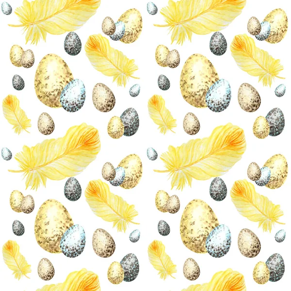 Patrón sin costuras Acuarela dibujada a mano felices huevos de Pascua, pájaro brillante pluma amarilla. Textura de tela de ilustración Concepto de diseño sobre fondo blanco. Huevo de gallina — Foto de Stock