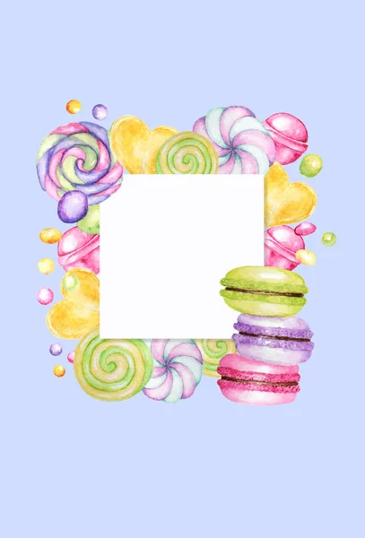 Bright colors candy sweets macarons frame. Lollipops border on blue background. Watercolor hand drawn illustration for menu, cards, poster, baner, invitations design concept with copy space for text — 스톡 사진