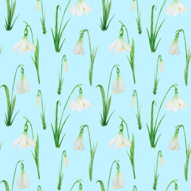 Seamless pattern with Snowdrop spring easter flowers with green leafs. Delicate Snowdrops. Fabric texture Hand painted Watercolor illustration on light blue background. Spring simbols concept