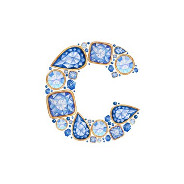 Classic Blue Crystal Letter. Alphabet with diamonds and brilliant, jewelry shop logo concept on white background. Watercolor bright illustration. Shiny glamour trandy fashion gem font. Latter C
