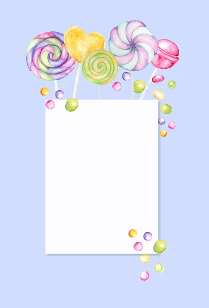 Φωτεινά χρώματα καραμέλα πλαίσιο γλυκά. Lollipops σύνορα σε μπλε φόντο. Υδατογραφία χέρι ζωγραφισμένα καραμέλες εικονογράφηση για το μενού, κάρτες, αφίσα, baner, προσκλήσεις σχεδιασμό έννοια με χώρο αντίγραφο για κείμενο — Φωτογραφία Αρχείου