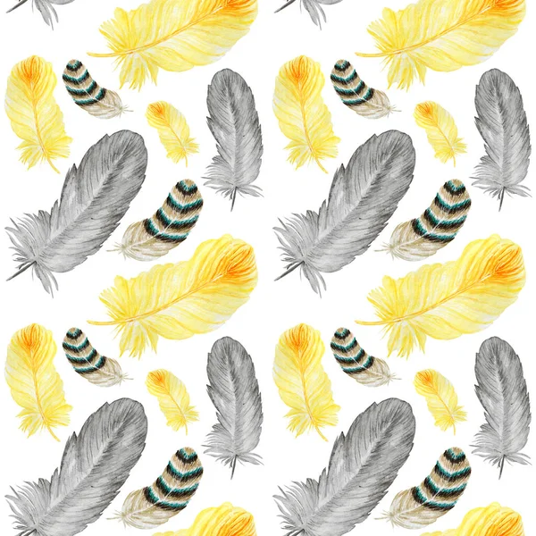 Bezešvé vzor Akvarel ručně kreslený pták Jasně žluté, šedé, pruhované béžové pírko. Ilustrace textury tkaniny Design koncepce na bílém pozadí. Jarní šťastný velikonoční den — Stock fotografie