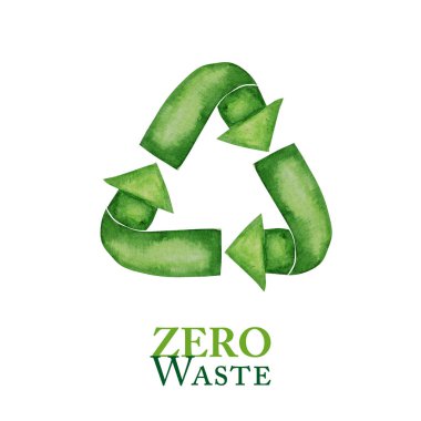 Green Recycled cycle arrows icon set. Watercolor hand drawn illustration isolated on white background. Ecological design concept. Recycled eco zero waste lifestyle.