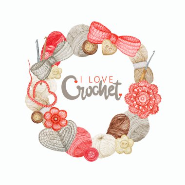 Red gray beige Crochet Shop Logotype round frame with lettering phrase I love crochet. Branding, Avatar composition of hooks, yarns, crocheted heart, bow, flowers. Watercolor Illustration clipart