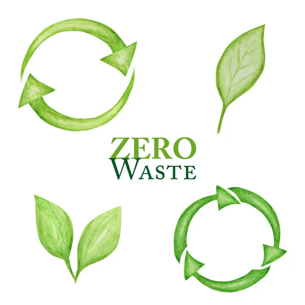 Green Recycled cycle arrows icon and green leaves set. Watercolor hand drawn illustration isolated on white background. Ecological design concept. Recycled eco zero waste lifestyle. — Stok fotoğraf