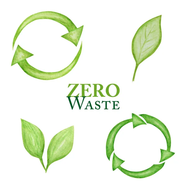 Groene Gerecycleerde cyclus pijlen pictogram en groene bladeren set. Aquarel met de hand getekend illustratie geïsoleerd op witte achtergrond. Ecologisch ontwerpconcept. Gerecycled eco-zero afval levensstijl. — Stockfoto