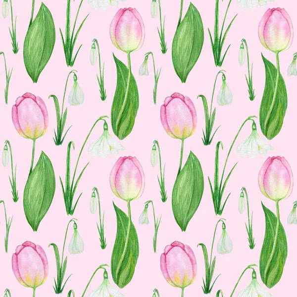 Απρόσκοπτη μοτίβο με Snowdrop και τουλίπα άνοιξη πασχαλινά λουλούδια με πράσινα φύλλα. Υφασμάτινη υφή με λεπτές σταγόνες χιονιού, τουλίπες Χειροποίητη ακουαρέλα σε ροζ φόντο. Σύμβολα ελατηρίου — Φωτογραφία Αρχείου