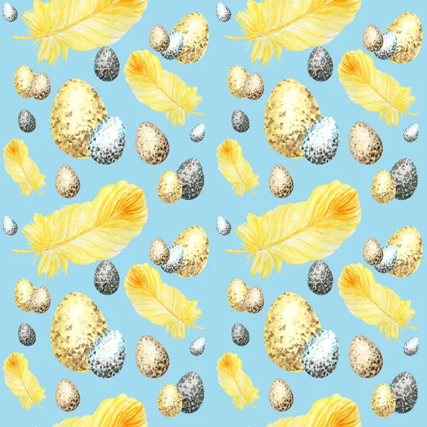 Patrón sin costuras Acuarela dibujada a mano felices huevos de Pascua, pájaro brillante pluma amarilla. Textura de tela de ilustración Concepto de diseño sobre fondo azul. Huevo de gallina — Foto de Stock