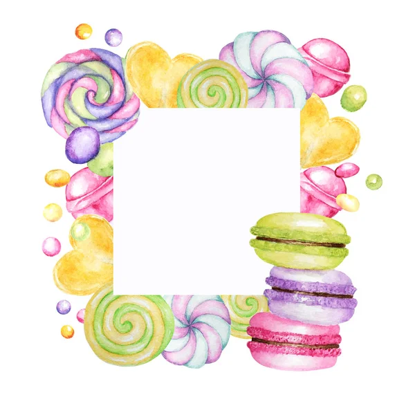 Bright colors candy sweets macarons frame. Lollipops border on white background. Watercolor hand drawn illustration for menu, cards, poster, baner, invitations design concept with copy space for text — 스톡 사진