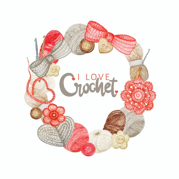 Red gray beige Crochet Shop Logotype round frame with lettering phrase I love crochet. Branding, Avatar composition of hooks, yarns, crocheted heart, bow, flowers. Watercolor Illustration — 图库照片