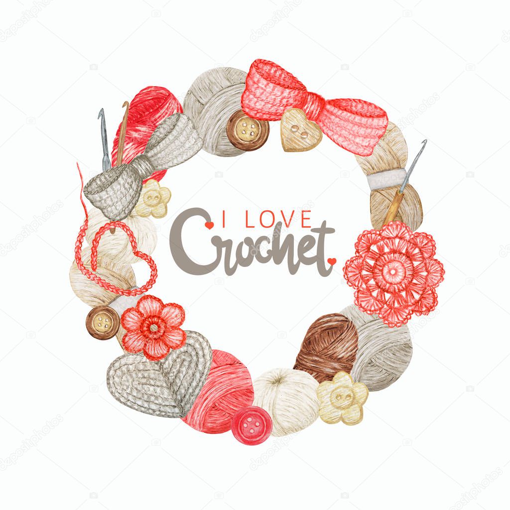 Red gray beige Crochet Shop Logotype round frame with lettering phrase I love crochet. Branding, Avatar composition of hooks, yarns, crocheted heart, bow, flowers. Watercolor Illustration
