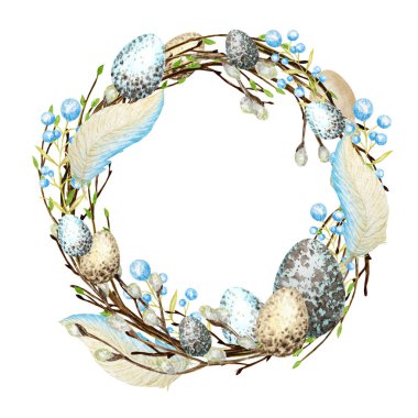 Paskalya Çelengi suluboya. Tüylü, yumurtalı, yapraklı, söğüt ağacı dallı resimli. Davetiyeler için ayrı tasarım, tebrik kartı, poster, baskı etiketi konsepti. Kenarlık.