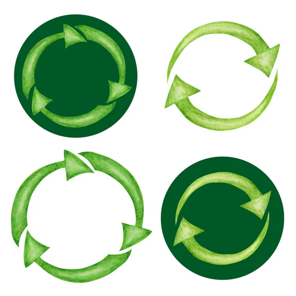 Πράσινο Ανακυκλωμένο κύκλο βέλη εικονίδιο που. Υδατογραφία χέρι ζωγραφισμένα εικόνα απομονώνονται σε λευκό φόντο. Έννοια οικολογικού σχεδιασμού. Ανακυκλωμένο οικολογικό μηδενικό τρόπο ζωής αποβλήτων. — Φωτογραφία Αρχείου