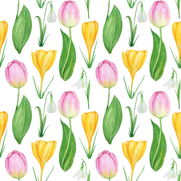 Nahtloses Muster mit Schneeglöckchen Krokus Tulpe Frühling Osterblumen mit grünen Blättern. Stoffstruktur mit Schneeglöckchen, Tulpen handgemalte Aquarell-Illustration auf weißem Hintergrund. Frühlingsimbole — Stockfoto