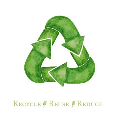 Green Recycled arrows icon. Watercolor hand drawn illustration isolated on white background. Ecological design Recycle Reuse Reduce concept. Recycled eco zero waste lifestyle. clipart