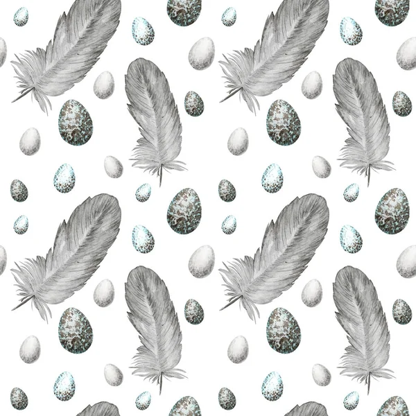 Patrón sin costuras Acuarela dibujada a mano feliz huevos de Pascua, pluma gris pájaro. Textura de tela de ilustración Concepto de diseño sobre fondo blanco. Huevo de gallina — Foto de Stock