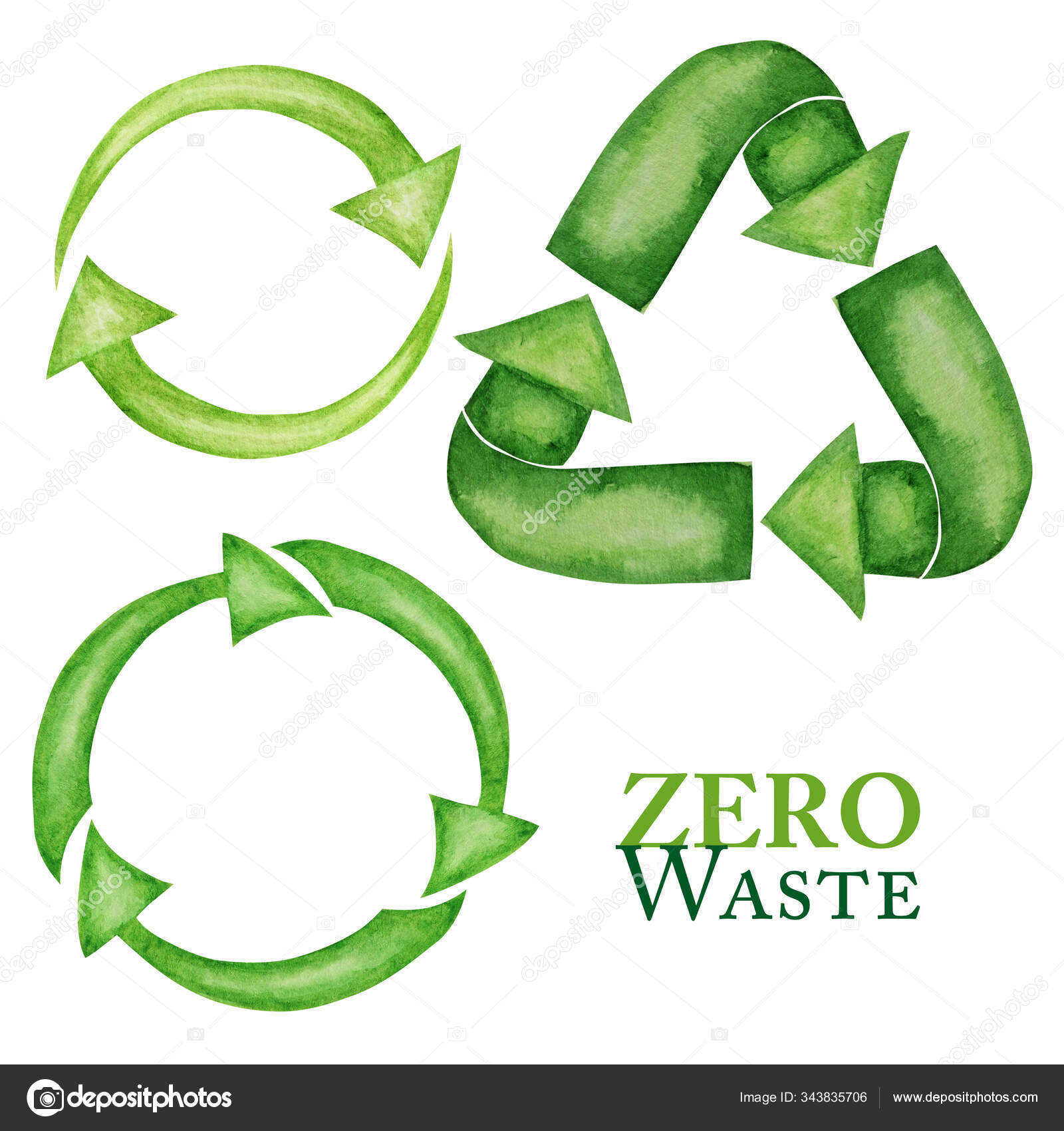 Green Recycled green arrows icon set. Watercolor hand drawn ...