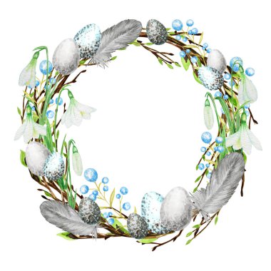 Paskalya Çelengi suluboya. Tüylü, yumurtalı, yapraklı, kardelen çiçekli, söğüt rengi resimli el çizimi ağaç dalı. Davetiyeler için ayrı tasarım, tebrik kartı, poster, konsept.