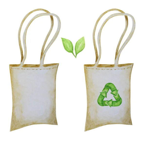 Saco de algodão de desperdício zero, ícone de setas de ciclo reciclado verde. Ilustração desenhada à mão aquarela isolada sobre fundo branco. Conceito de design ecológico. Reciclado eco estilo de vida sacos de compras têxteis . — Fotografia de Stock