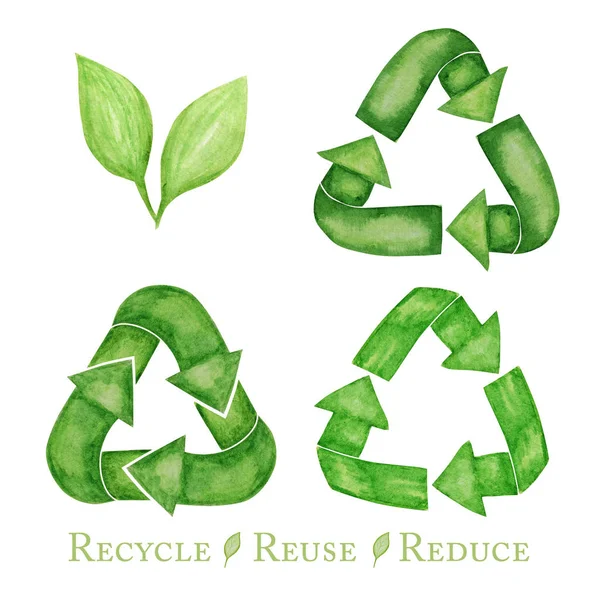 Green Recycled zielony zestaw ikon strzałek. Akwarela ręcznie rysowane ilustracji izolowane na białym tle. Projekt ekologiczny Recycle Reuse Reduce concept. Recykling ekologicznego stylu życia bez odpadów. — Zdjęcie stockowe