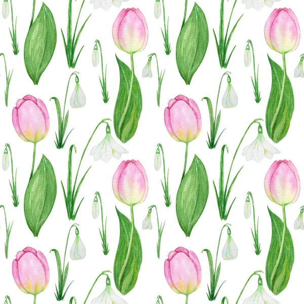 Nahtloses Muster mit Schneeglöckchen und Tulpe Frühling Osterblumen mit grünen Blättern. Stoffstruktur mit zarten Schneeglöckchen, Tulpen Handgemalte Aquarell-Illustration auf weißem Hintergrund. Frühlingssymbole — Stockfoto