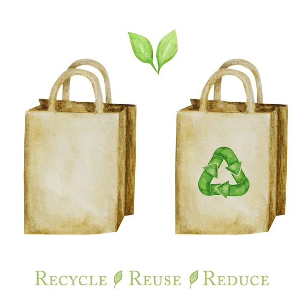 Zero waste paper bag, Green Recycled cycle arrows icon. Watercolor hand drawn illustration isolated on white background. Ecological design concept. Recycled eco lifestyle paper shopping bags.