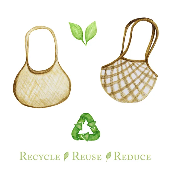 Μηδέν τσάντα από βαμβάκι απόβλητα, πράσινο Ανακυκλωμένο εικονίδιο βέλη κύκλου. Υδατογραφία χέρι ζωγραφισμένα εικόνα απομονώνονται σε λευκό φόντο. Έννοια οικολογικού σχεδιασμού. Ανακυκλωμένο οικολογικό τρόπο ζωής υφασμάτινες τσάντες αγορών. — Φωτογραφία Αρχείου