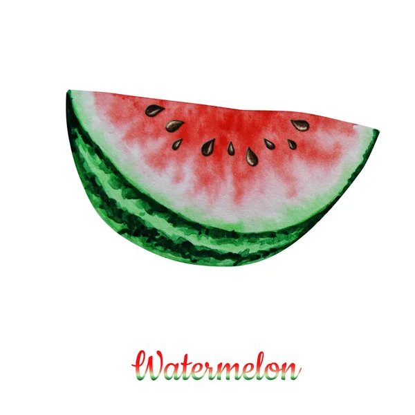 Wassermelone Scheibe Obst Aquarell handgezeichnete Illustration, frische gesunde Lebensmittel - natürliche Bio-Lebensmittel isoliert auf weißem Hintergrund. — Stockfoto