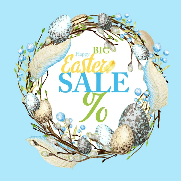 Watercolor Spring happy Easter Sale wreath with inscription. Hand drawn tree branch with feathers, eggs, leaves, willow Frame illustration. Design for invitations, greeting card, poster, print concept — Stock Photo, Image