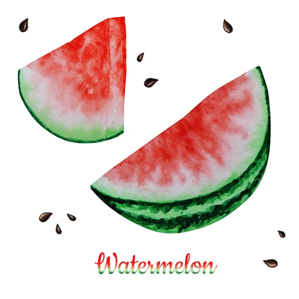 Wassermelone Scheiben Fruchtset Aquarell handgezeichnete Illustration, frische gesunde Lebensmittel - natürliche Bio-Lebensmittel isoliert auf weißem Hintergrund. — Stockfoto