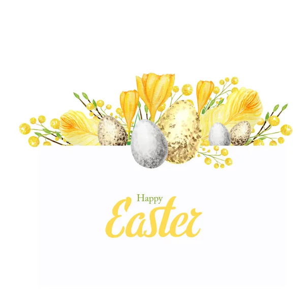 Acuarela Primavera feliz composición de Pascua con inscripción. Rama de árbol dibujada a mano con plumas, huevos, hojas ilustración borde cuadrado. Diseño para invitaciones, tarjeta de felicitación, póster, concepto de impresión — Foto de Stock