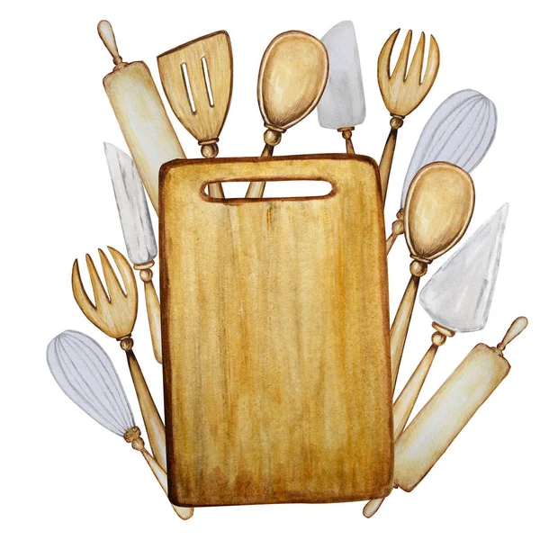 Χειροποίητα ξύλινα αξεσουάρ κουζίνας σετ για το ψήσιμο ακουαρέλα εικόνα απομονώνονται σε λευκό φόντο. Αφίσα μαγειρικής, banner concept. Εργαλεία Κουτάλι, σπάτουλα, πιρούνι, πλάστης, μαχαίρι, πλακέτα — Φωτογραφία Αρχείου