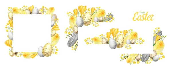 Watercolor Spring happy Easter frame element set with inscription. Hand drawn tree branch with feathers, eggs, leaves border illustration. Design for invitations, greeting card, poster, print concept — Stock Photo, Image