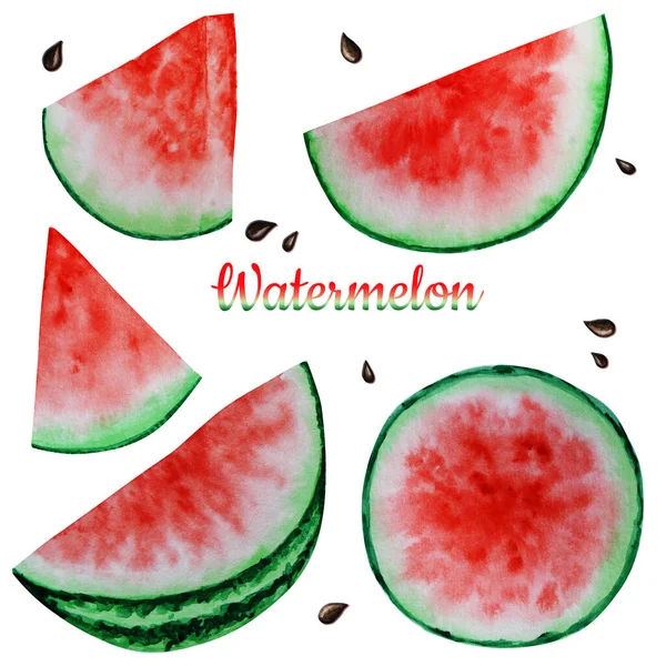 Wassermelone Scheibe Obst Aquarell handgezeichnete Illustration, frische gesunde Lebensmittel - natürliche Bio-Lebensmittel isoliert auf weißem Hintergrund. — Stockfoto