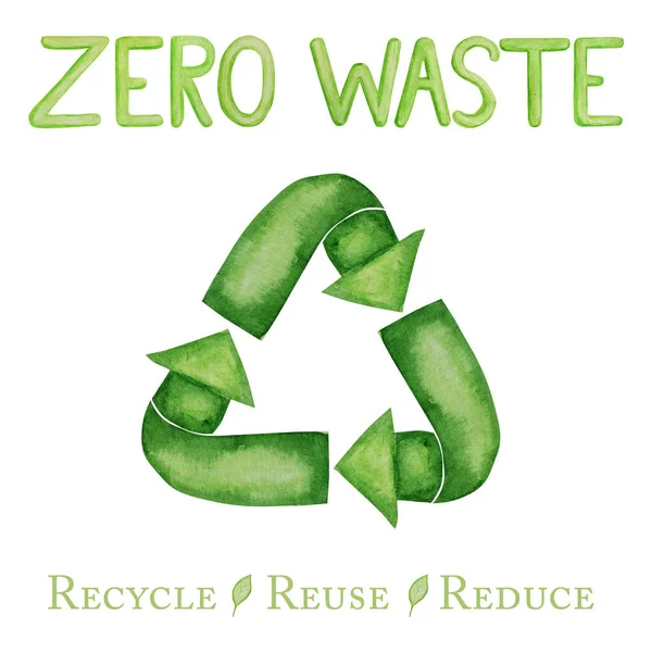 Green Recycled arrows icon with Zero waste lettering phrase. Watercolor hand drawn illustration isolated on white background. Ecological design Recycle Reuse Reduce eco lifestyle concept. — Stock Photo, Image