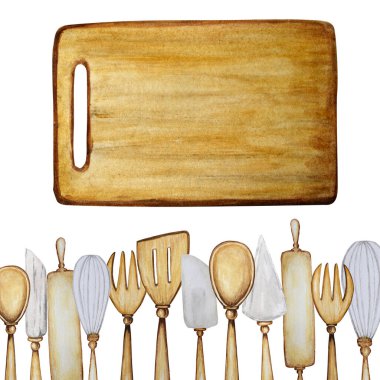 Elle çizilmiş ahşap mutfak aksesuarları beyaz arka planda suluboya resimleme çerçevesi yapmak için. Yemek pişirme zamanı posteri, afiş konsepti. Araç kaşık, spatula, çatal, merdane, bıçak, tahta