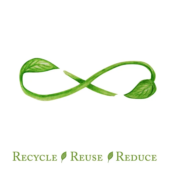 Green Recycled cycle green leafs icon, Infinity sign Watercolor hand drawn illustration isolated on white background. Ecological design. Recycled eco zero waste lifestyle. Recycle Reuse Reduce concept