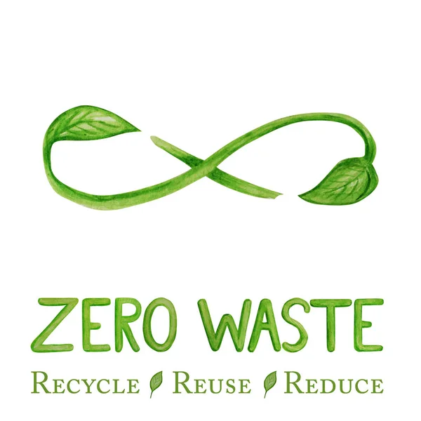 Green Recycled cycle green leafs icon, Infinity sign Gambar tangan Watercolor ilustrasi terisolasi pada latar belakang putih. Desain ekologi. Recycled eco zero waste gaya hidup. Recycle Reuse Mengurangi konsep — Stok Foto