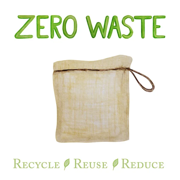 Μηδέν τσάντα από βαμβάκι απόβλητα, πράσινο Ανακυκλωμένο εικονίδιο βέλη κύκλου. Υδατογραφία χέρι ζωγραφισμένα εικόνα απομονώνονται σε λευκό φόντο. Έννοια οικολογικού σχεδιασμού. Ανακυκλωμένο οικολογικό τρόπο ζωής υφασμάτινες τσάντες αγορών. — Φωτογραφία Αρχείου