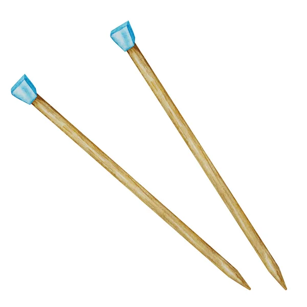 Hand drawn wooden Knitting needles Watercolor Illustration. Isolated object on white background. Hobby handcraft icon, symbol.
