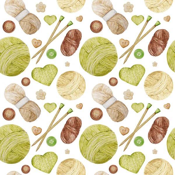 Aquarell Nahtloses Muster Hobby Stricken. Kollektion von handgezeichneten grünen, beigen, braunen Stricknadeln, Strickherzen und Knöpfen auf weißem Hintergrund. — Stockfoto