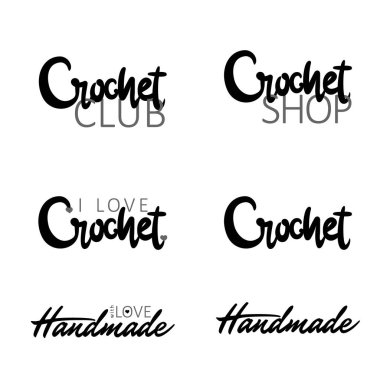 Tığ işi logosu el yazısıyla yazılmış. El çizimi harfler. El yapımı el yazısı deyimi. Tığ işi dükkanı, kulüp kartı, logo, afiş, poster tasarımı konsepti. Vektör illüstrasyonu