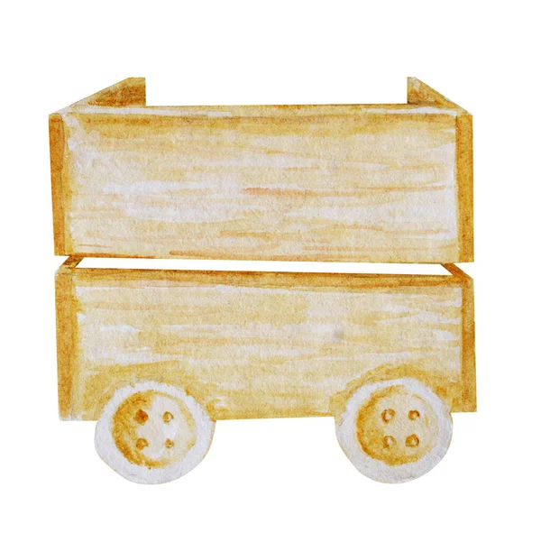 Акварель ручной работы деревянный ящик с колесами. Удобные ящики для хранения всякого рода вещей. Изолированная иллюстрация на белом фоне — стоковое фото