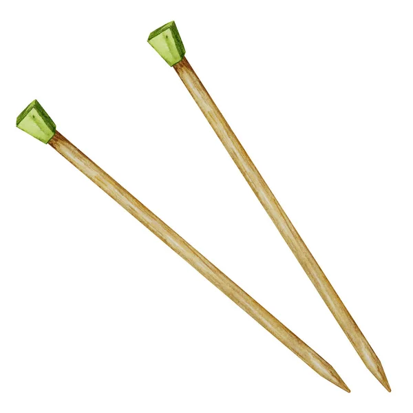 Hand drawn wooden Knitting needles Watercolor Illustration. Isolated object on white background. Hobby handcraft icon, symbol.