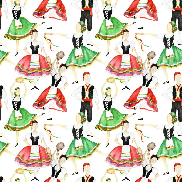 Patrón sin costuras Bailarinas en traje nacional rojo una tarantela italiana con una pandereta sobre fondo blanco. Mujer y hombre bailarín en traje popular Italia. Textura de tela de acuarela — Foto de Stock