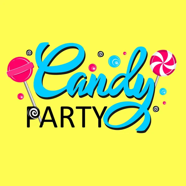 Candy Shop Party Logo design vector template. Sweet Lollipops Bon-bon store Logotype Concept icon. Bright colors Handwritten lettering vector illustration — Stock Vector